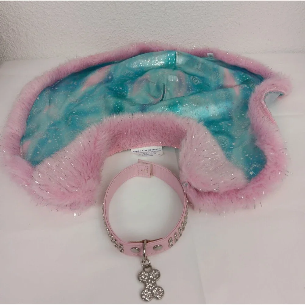 Build a Bear Pink Blue Snowflake Cape Silver Sparkle Bonus Collar Bone Tag